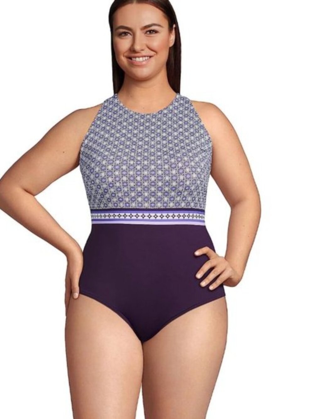 Land's End Women's Size L Tugless High Neck Portrait Back One Piece Swimsuit NEW